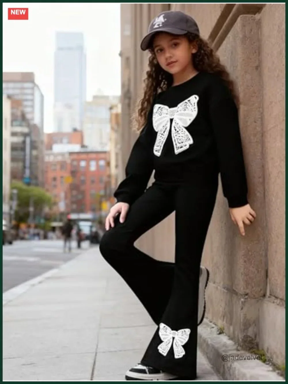 Girls Long Sleeve Lace Bow Print Sweatshirt Flared Pants 2PCS Set Size 6-14